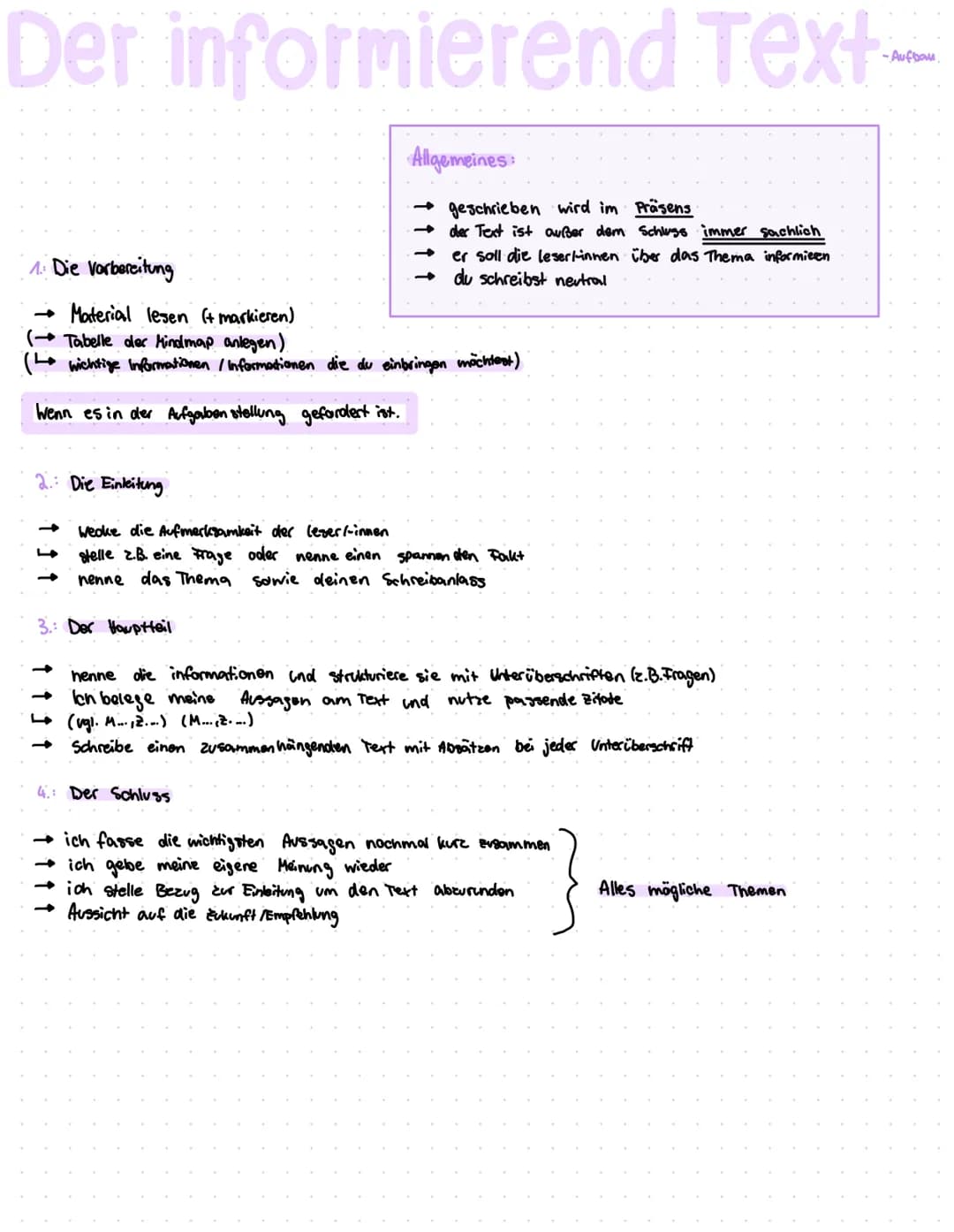 Der informierend Text
2.: Die Einleitung
Allgemeines
↑↑↑↑
1: Die Vorbereitung
Material lesen (+ markieren)
(→ Tabelle der Mindmap anlegen).
