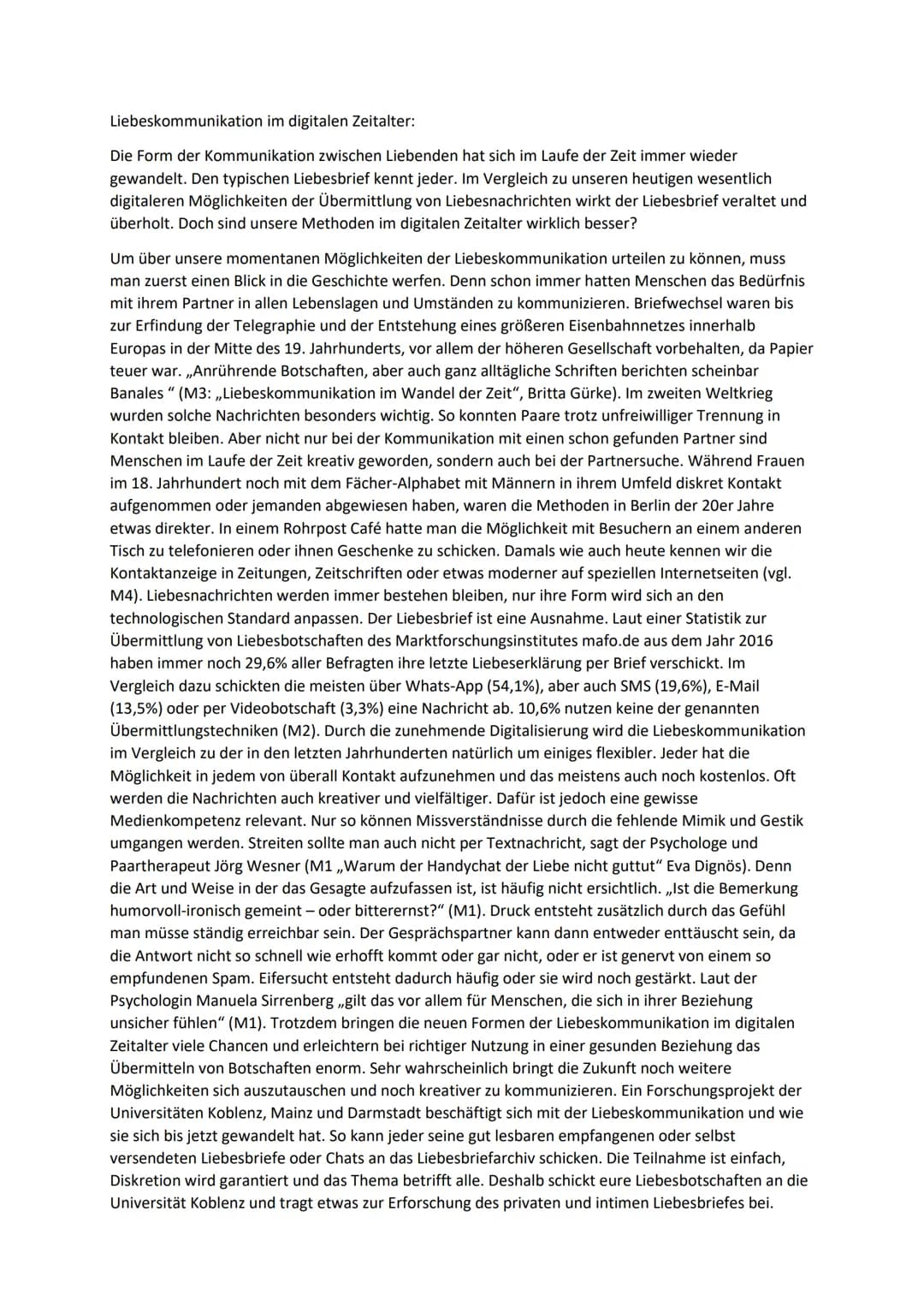 Liebeskommunikation im digitalen Zeitalter:
Die Form der Kommunikation zwischen Liebenden hat sich im Laufe der Zeit immer wieder
gewandelt.