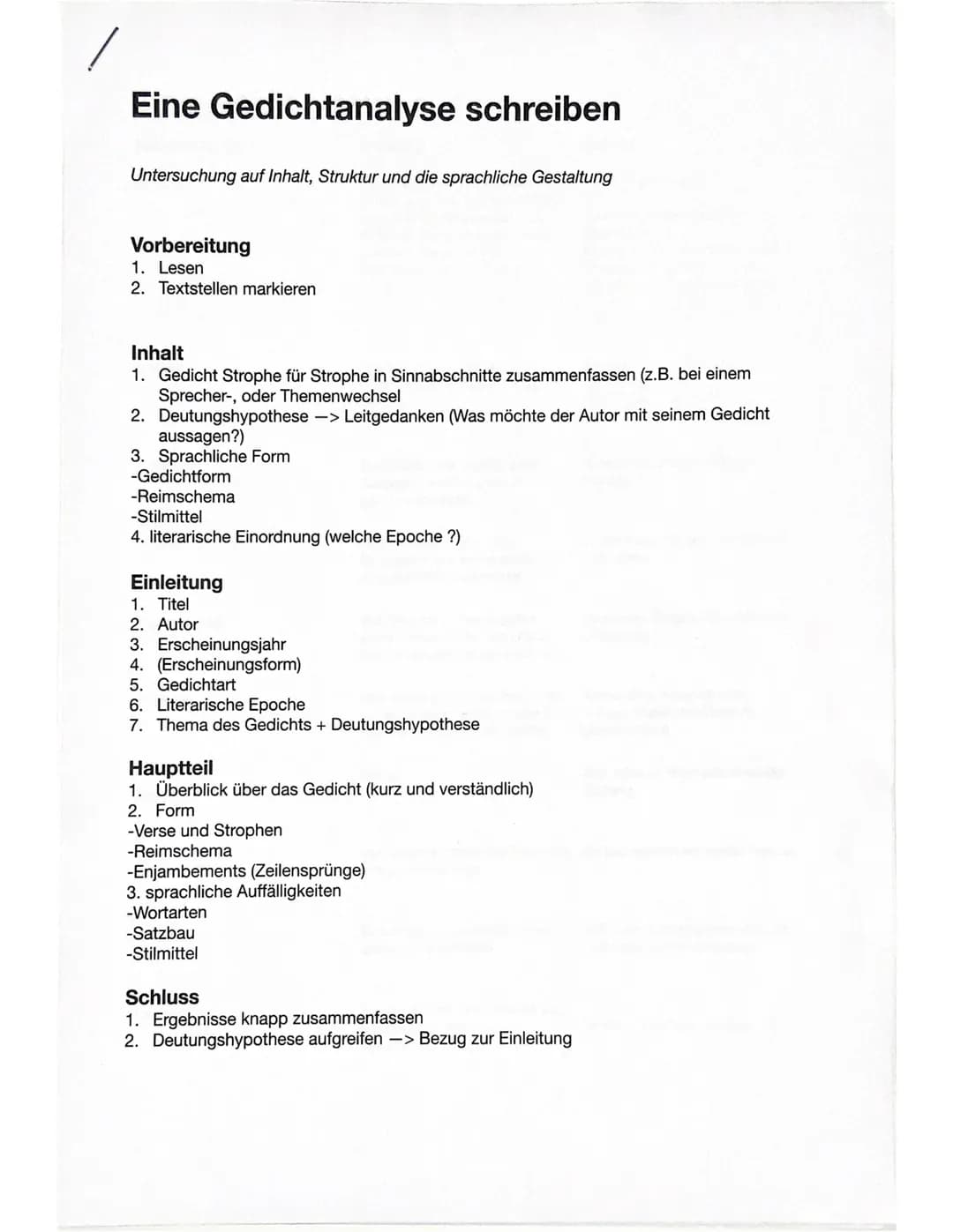 Eine Gedichtanalyse schreiben
Untersuchung auf Inhalt, Struktur und die sprachliche Gestaltung
Vorbereitung
1. Lesen
2. Textstellen markiere