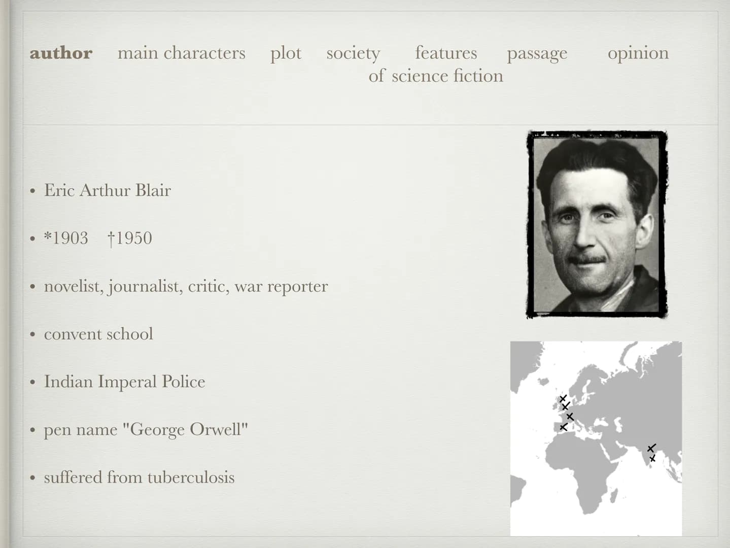 1984
GEORGE ORWELL author main characters plot society features passage
of science fiction
Eric Arthur Blair
*1903 †1950
●
novelist, journal