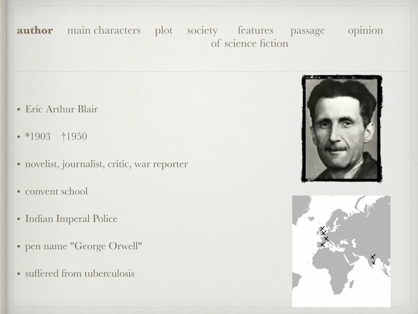 1984
GEORGE ORWELL author main characters plot society features passage
of science fiction
Eric Arthur Blair
*1903 †1950
●
novelist, journal