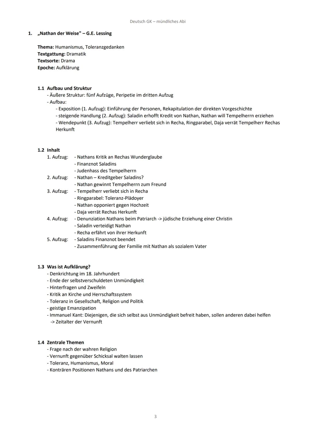 1. ,,Nathan der Weise" - G.E. Lessing
Thema: Humanismus, Toleranzgedanken
Textgattung: Dramatik
Textsorte: Drama
Epoche: Aufklärung
1.1 Aufb