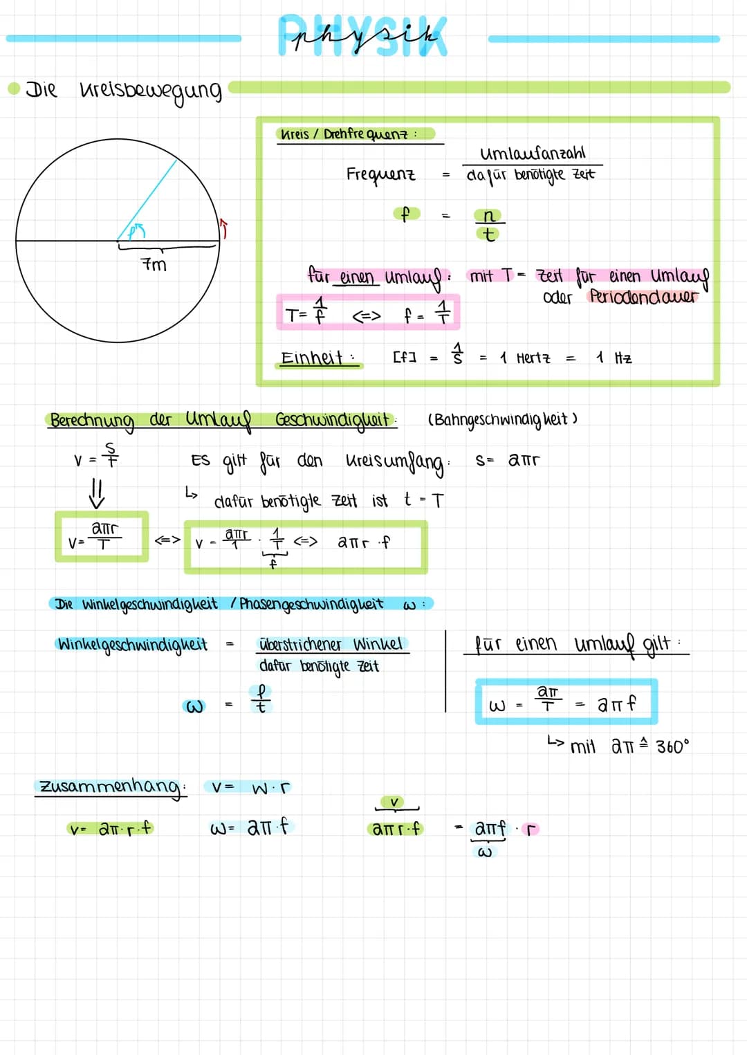 Die Kreisbewegung
7m
atr
V=T
<=>
V=
Berechnung der Umlauf Geschwindigkeit.
=$
atr
-
=
physik
L
Kreis / Drehfre quenz:
f
Frequent
Einheit: [f