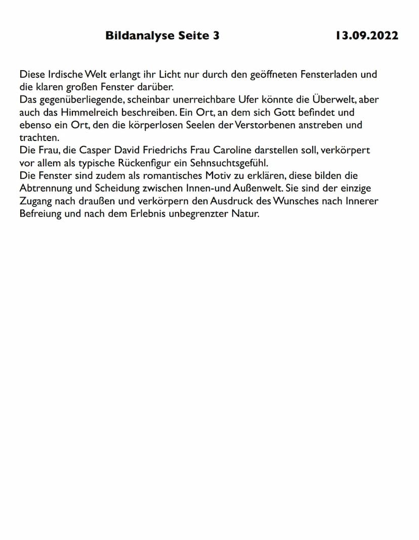 Analyse "Frau am Fenster":
Das Ölgemälde "Frau am Fenster" von Caspar David Friedrich aus den
Jahren 1818 und 1822, der Zeit der Romantik, h