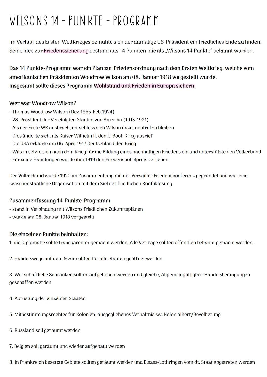 # WILSONS 14 - PUNKTE - PROGRAMM

Im Verlauf des Ersten Weltkrieges bemühte sich der damalige US-Präsident ein friedliches Ende zu finden.
S