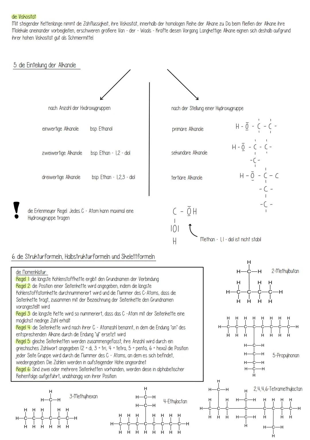 1. die verzweigten und unverzweigten Alkane, Alkene, Halogenalkane und Alkanole
Alkane und Alkene:
Alkane sind gesättigte Kohlenwasserstoffe