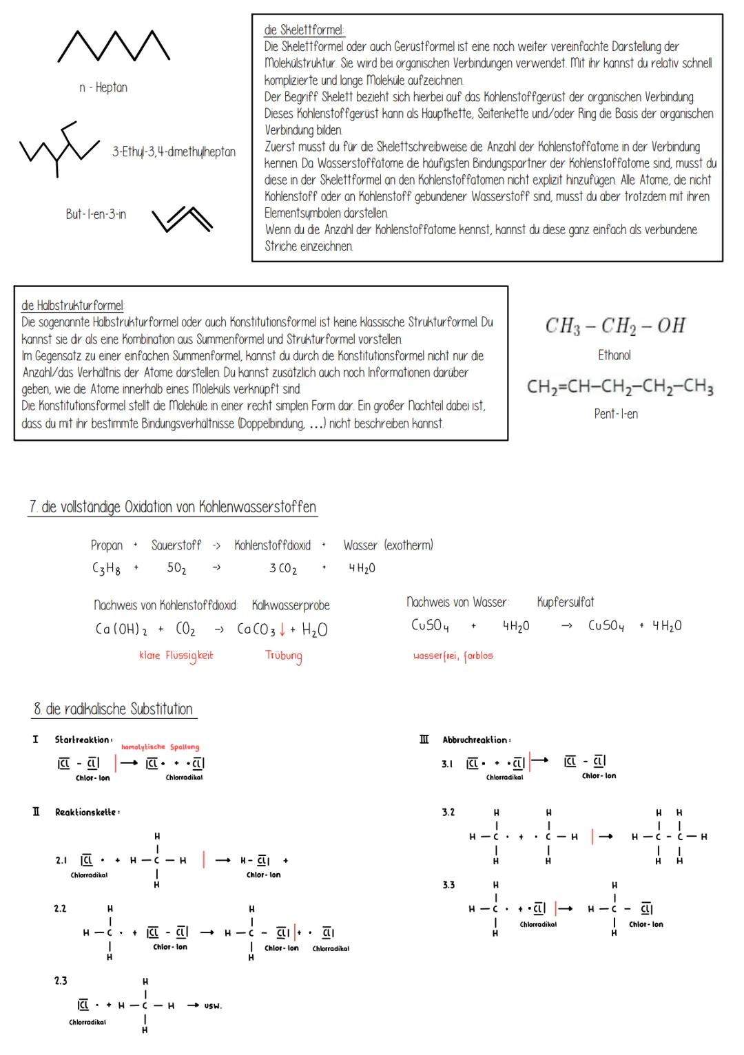 1. die verzweigten und unverzweigten Alkane, Alkene, Halogenalkane und Alkanole
Alkane und Alkene:
Alkane sind gesättigte Kohlenwasserstoffe