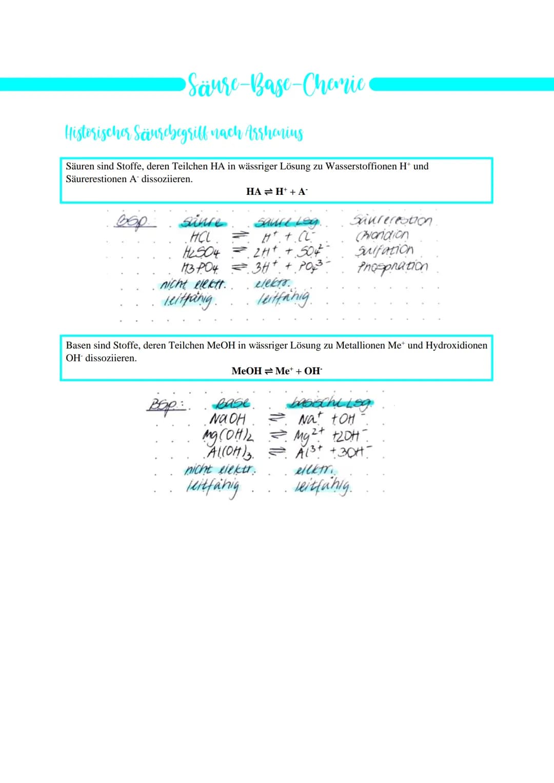•Säure-Base-Chemic
Historischer Säurehbegriff nach Arrhenius
Säuren sind Stoffe, deren Teilchen HA in wässriger Lösung zu Wasserstoffionen H