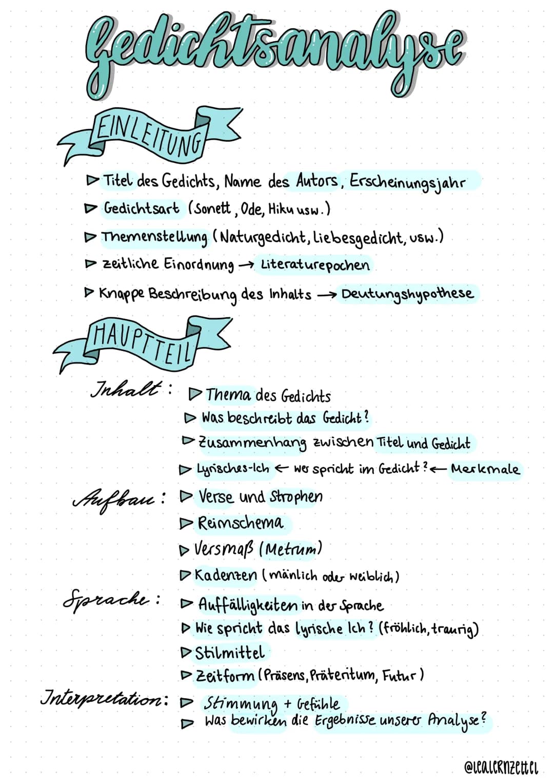 fedichtsanalyse
EINLEITUNG
Titel des Gedichts, Name des Autors, Erscheinungsjahr
▷ Gedichtsart (Sonett, Ode, Hiku usw.)
▷ Themenstellung (Na