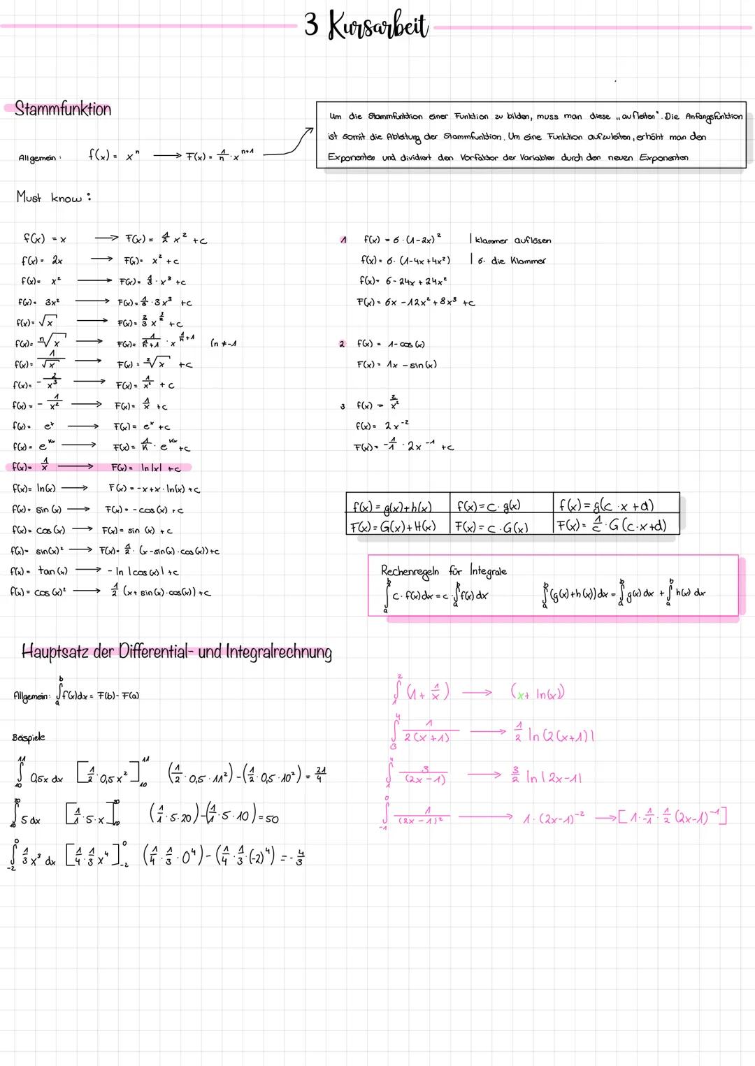 ### 3 Kursarbeit

Stammfunktion

Um die Stammfunktion einer Funktion au bilden, muss man diese aufleiten. Die Anfangsfunktion
ist somit die 