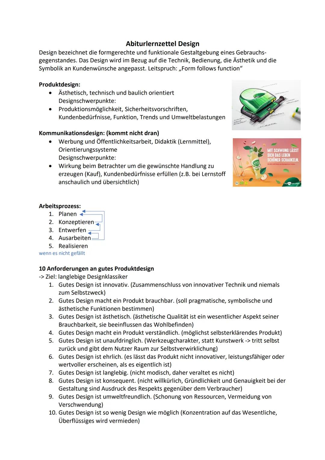 # Abiturlernzettel Design

Design bezeichnet die formgerechte und funktionale Gestaltgebung eines Gebrauchs-
gegenstandes. Das Design wird i