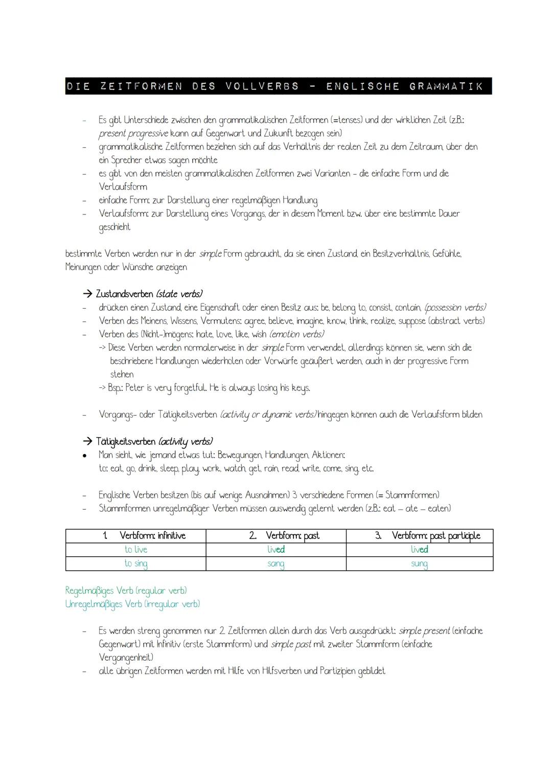 DIE ZEITFORMEN DES VOLLVERBS
Es gibt Unterschiede zwischen den grammatikalischen Zeitformen (=tenses) und der wirklichen Zeit (z.B.:
present