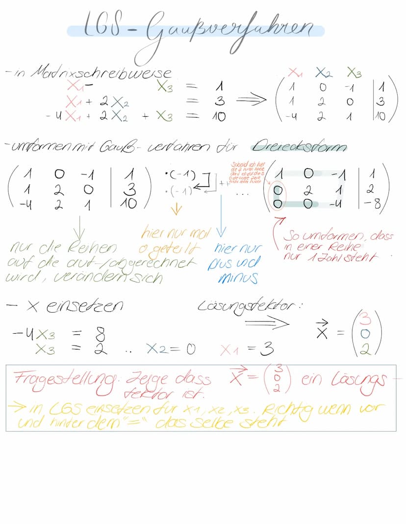 MATRIZEN LGS-
- in Madrixschreibweise
X₁ + 2X₂
2x₂
- 4x₁
٢٢٢
2
+
-umformen mit Gauß- verfahren für
-Gaußeverfahren
-4x3
X3
3
+ X3 = 10
3
•(-