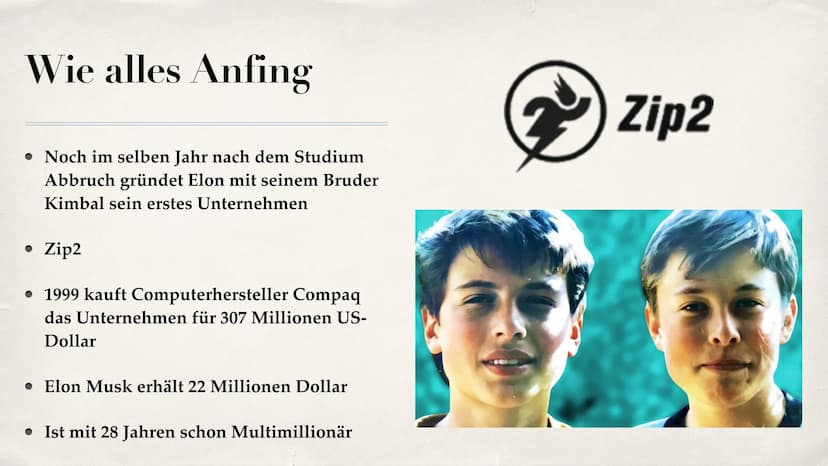 ELON MUSK Gliederung
Wer ist Elon Musk ?
• Kindheit und Jugend
. Wie alles Angefangen hat
• Wie viele Unternehmen hat Elon Musk ?
• Zip2/Pay