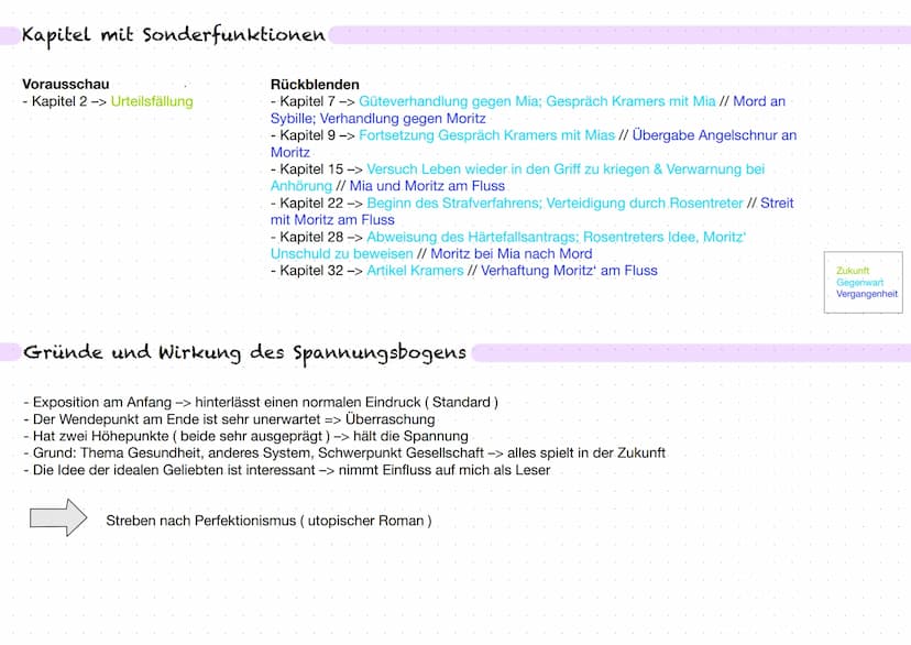 Kapitel mit Sonderfunktionen
Vorausschau
- Kapitel 2 -> Urteilsfällung
Rückblenden
- Kapitel 7 -> Güteverhandlung gegen Mia; Gespräch Kramer
