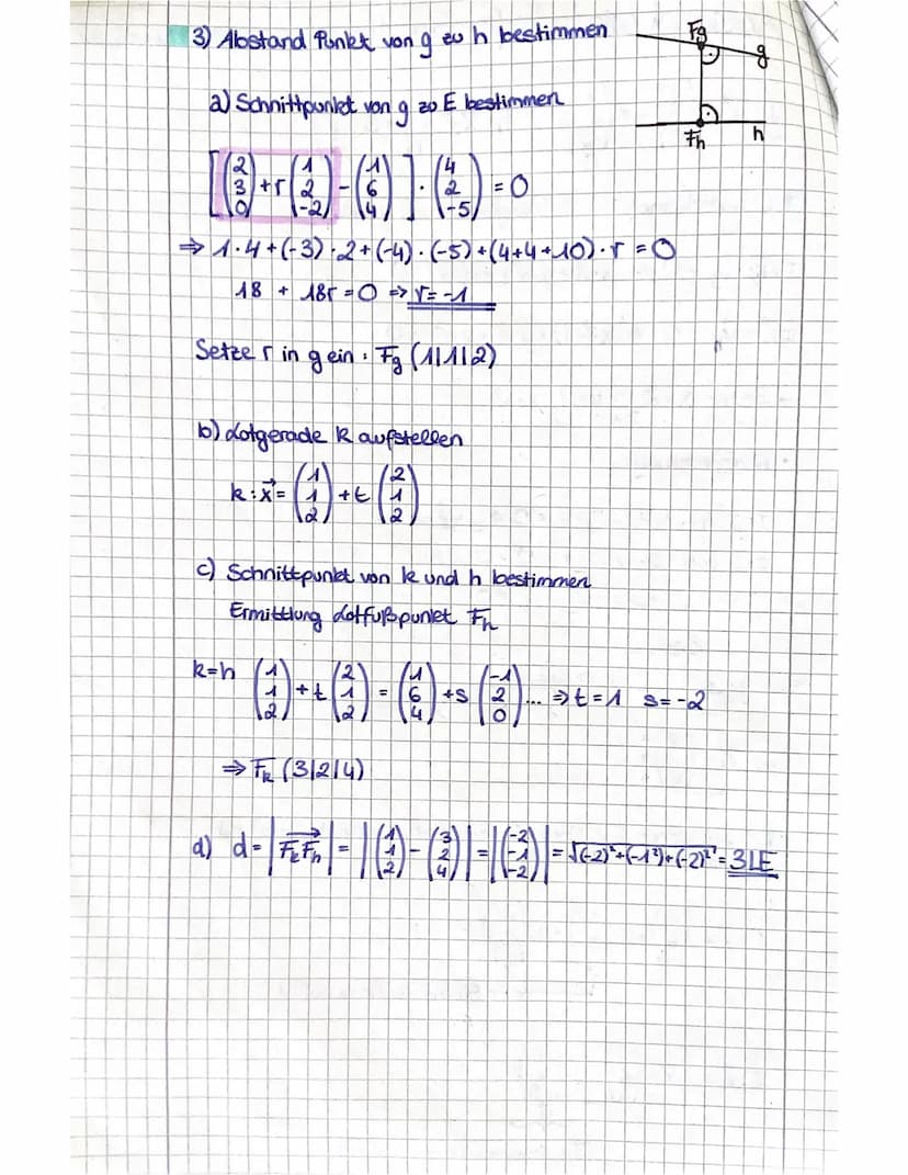 Abstand Gerade/Ebene
g-x-(1)-(3)
(3)™
E: -X₁-X₂ X3 = - 8
→Abstands formel:
d(€) =
P(1141-3)
1-₁
n² = − 1
M₁-P₁+n₂-P₂ N3 P3-b
n₁₂₁² + 1₂² +13