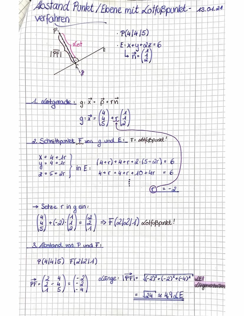 Abstand Gerade/Ebene
g-x-(1)-(3)
(3)™
E: -X₁-X₂ X3 = - 8
→Abstands formel:
d(€) =
P(1141-3)
1-₁
n² = − 1
M₁-P₁+n₂-P₂ N3 P3-b
n₁₂₁² + 1₂² +13