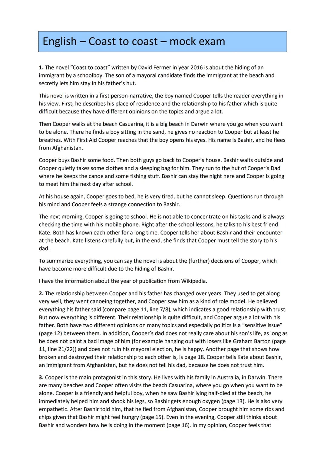 English - Coast to coast - mock exam
1. The novel "Coast to coast" written by David Fermer in year 2016 is about the hiding of an
immigrant 