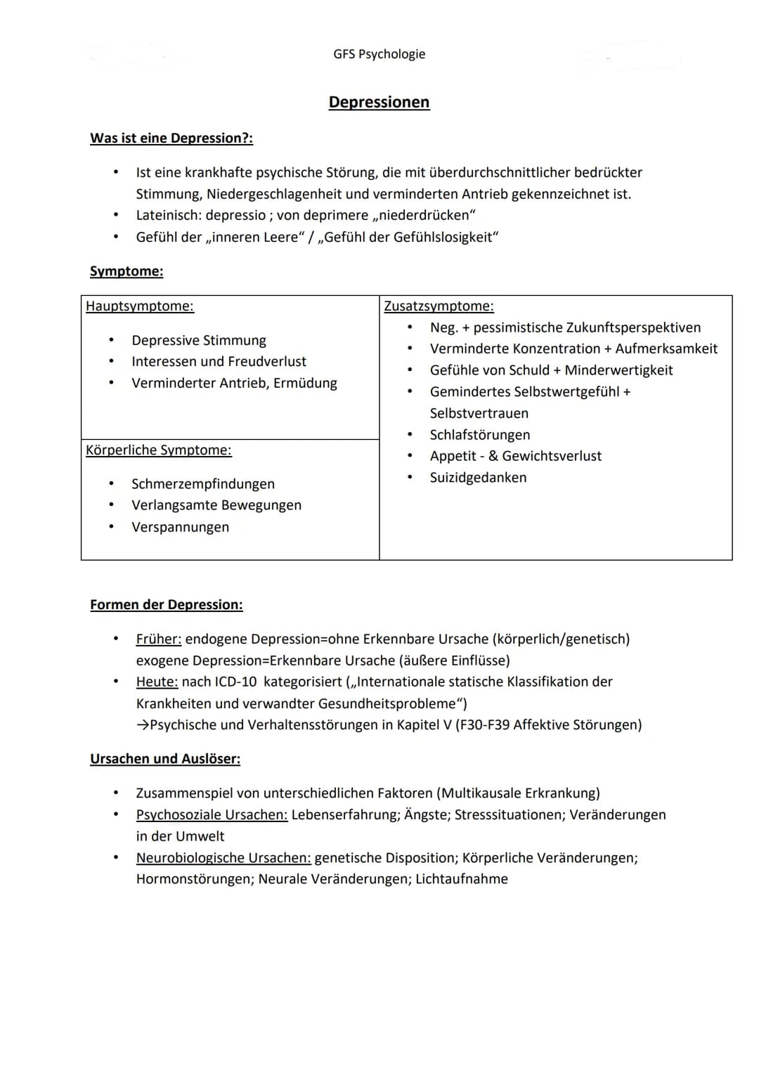 Depressionen Was ist eine Depression?:
●
Symptome:
Hauptsymptome:
●
Körperliche Symptome:
•
Ist eine krankhafte psychische Störung, die mit 