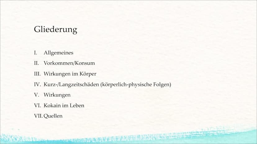 H3C-N.
Kokain
(Benzoylecgoninmethylester)
O
O
CH3 Gliederung
I. Allgemeines
II. Vorkommen/Konsum
III. Wirkungen im Körper
IV. Kurz-/Langzeit