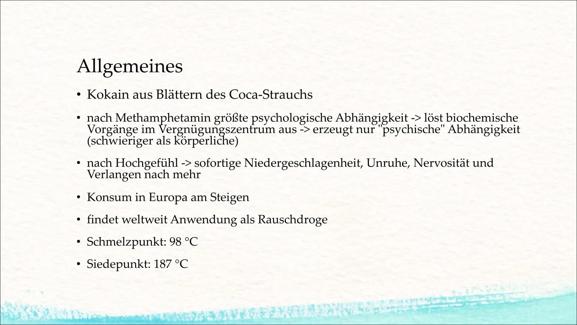 H3C-N.
Kokain
(Benzoylecgoninmethylester)
O
O
CH3 Gliederung
I. Allgemeines
II. Vorkommen/Konsum
III. Wirkungen im Körper
IV. Kurz-/Langzeit