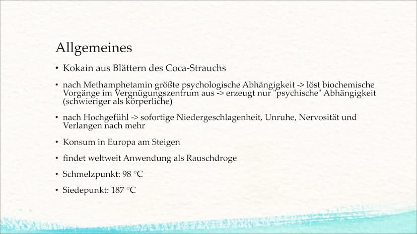 H3C-N.
Kokain
(Benzoylecgoninmethylester)
O
O
CH3 Gliederung
I. Allgemeines
II. Vorkommen/Konsum
III. Wirkungen im Körper
IV. Kurz-/Langzeit