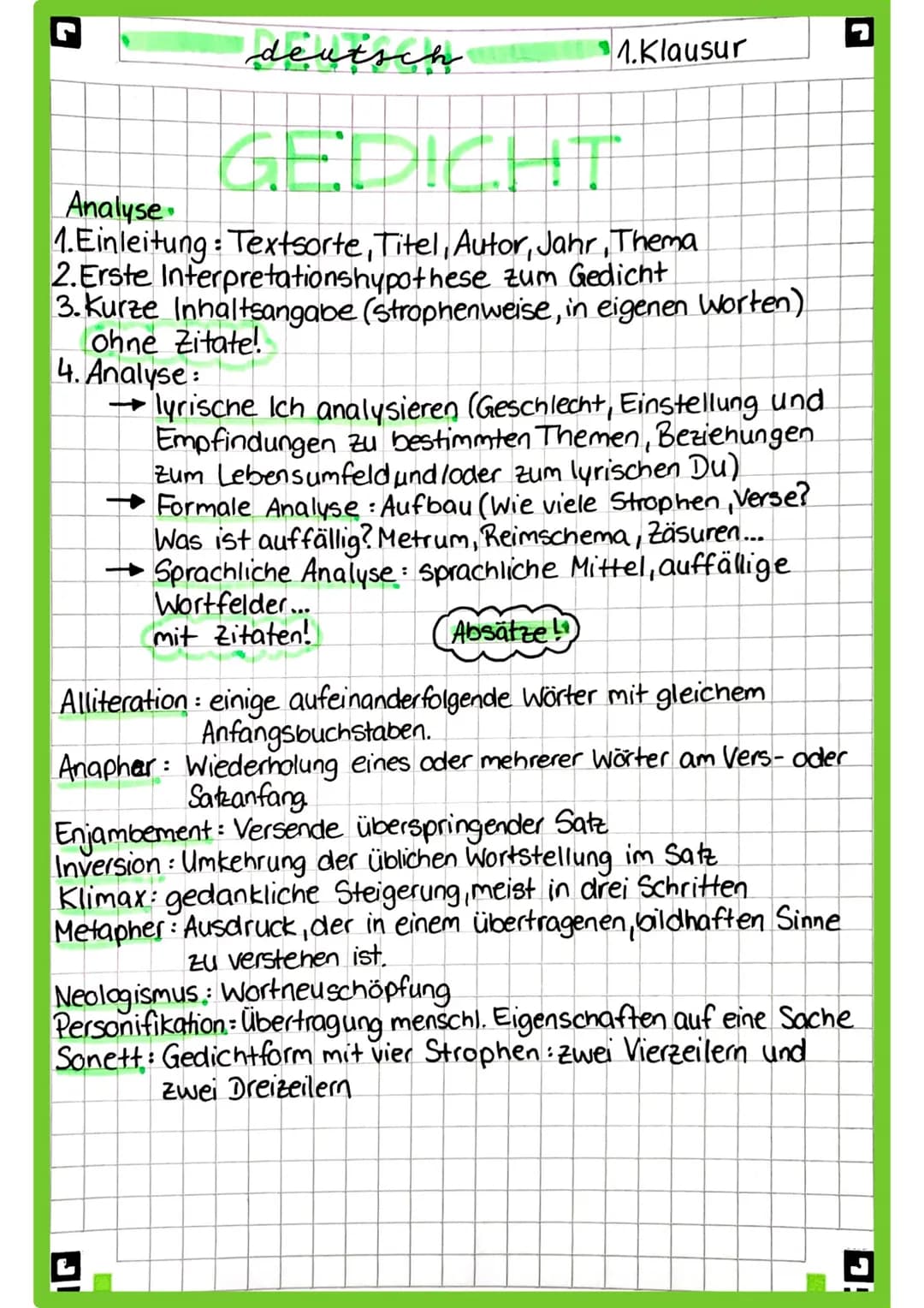 L
4. Analyse:
deutsch
GEDICHT
Analyse
1.Einleitung: Textsorte, Titel, Autor, Jahr, Thema
2.Erste Interpretationshypothese zum Gedicht
3.Kurz