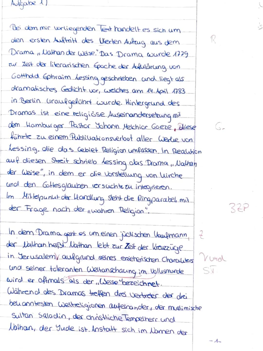 Aufgabe 11
Bei dem mir vorliegenden Text handelt es sich um
den ersten Auftritt des Vierten Aufzug aus dem.
Drama, Nathan der Weise." Das Dr