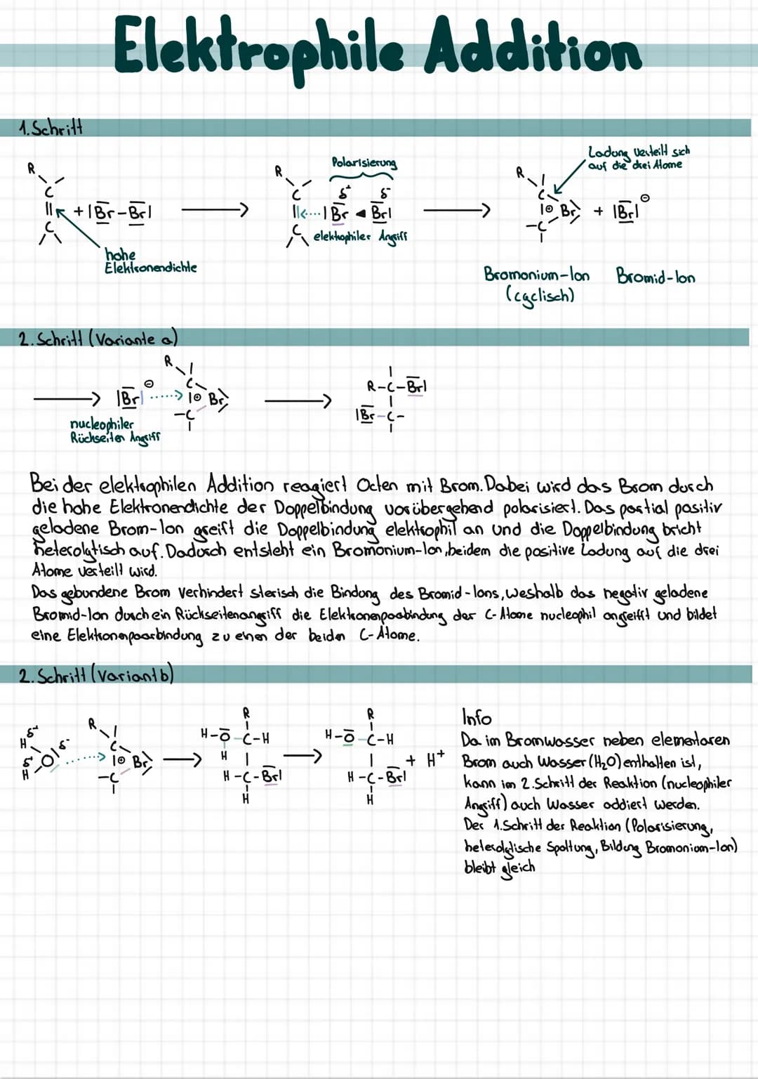1. Schritt
1/R +/Br-Brl
ç
Elektrophile Addition
2. Schritt (Variante a)
hohe
Elektronendichte
۸۵۶
-010.
O
Brl
nucleophiler
Rückseiten Angrif