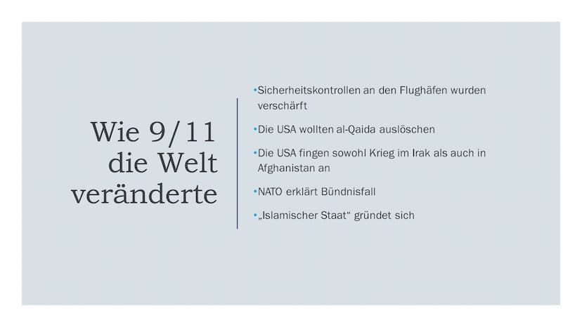 Nine-Eleven
WIE EIN TAG DIE WELT VERÄNDERTE Gliederung
•Grundlegende Informationen
Die Flüge
•Orte der Anschläge
- Denkmale
●
•Wer hinter de