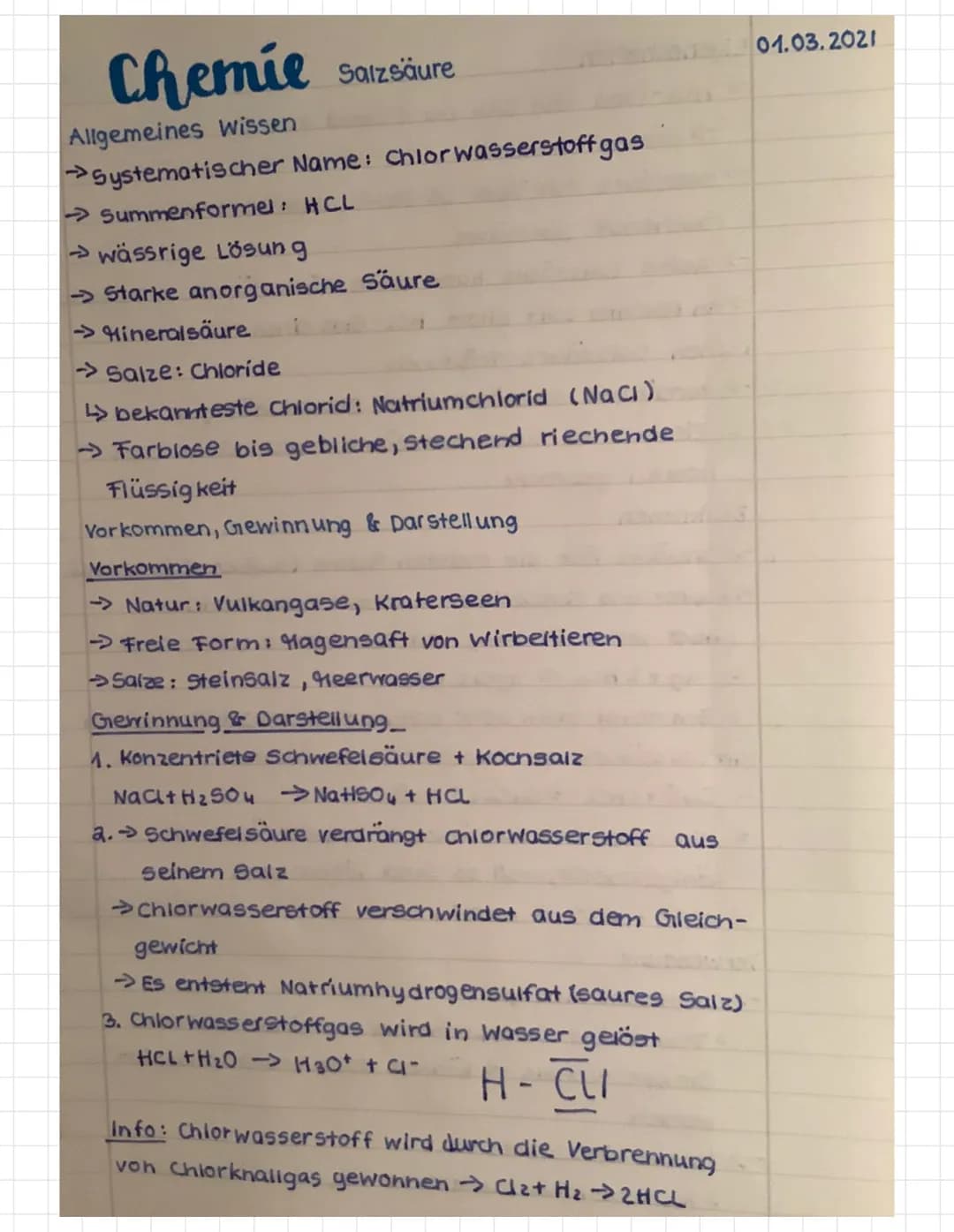 Chemie Salzsäure
Allgemeines Wissen
→Systematischer Name: Chlorwasserstoff gas
Summenformel: HCL
→wässrige Lösung
→ Starke anorganische Säur