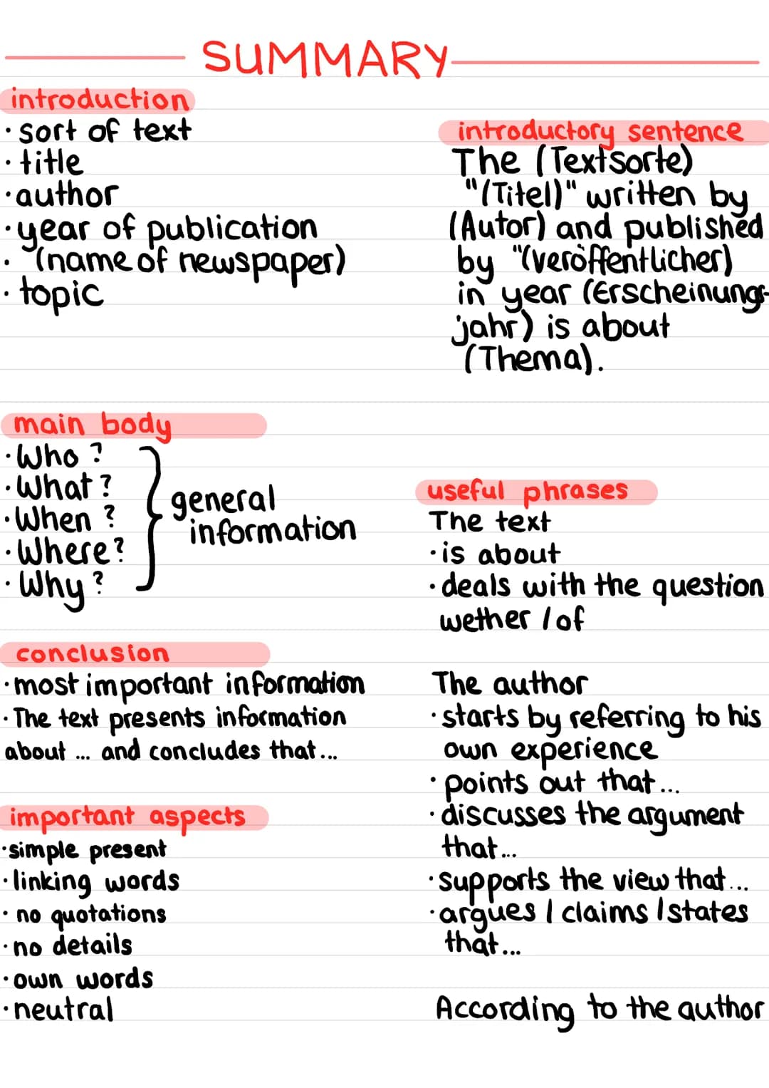 introduction
• Sort of text
• title
author
year of publication
•(name of newspaper)
.topic
main body
•Who?
•What?
•When ?
•Where?
Why?
SUMMA