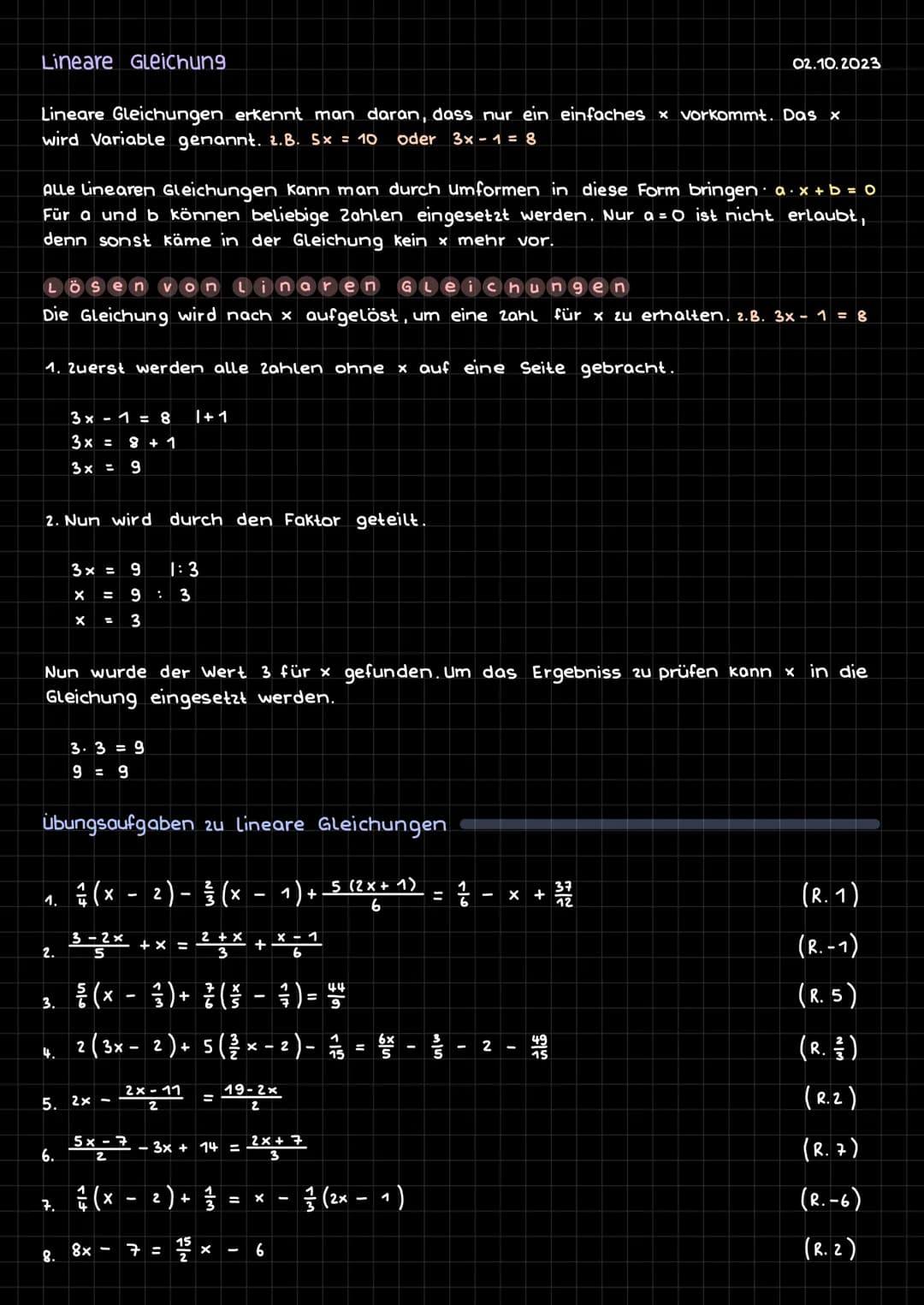 Lineare Gleichung
Lineare Gleichungen erkennt man daran, dass nur ein einfaches x vorkommt. Das x
wird Variable genannt. 2.B. 5x = 10 oder 3