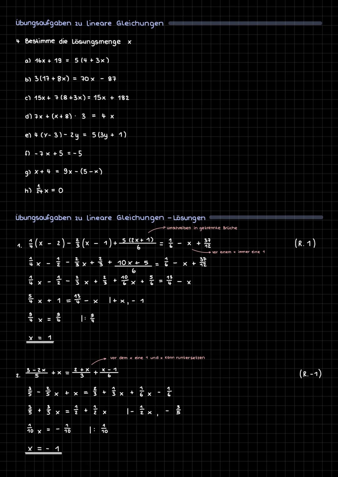 Lineare Gleichung
Lineare Gleichungen erkennt man daran, dass nur ein einfaches x vorkommt. Das x
wird Variable genannt. 2.B. 5x = 10 oder 3