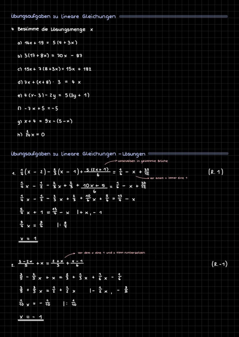 Lineare Gleichung
Lineare Gleichungen erkennt man daran, dass nur ein einfaches x vorkommt. Das x
wird Variable genannt. 2.B. 5x = 10 oder 3