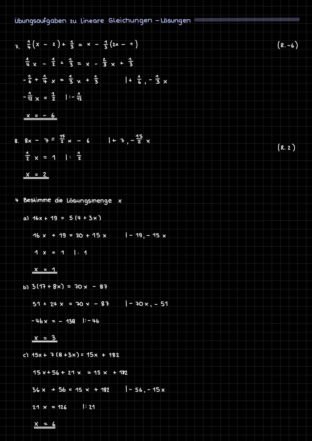 Lineare Gleichung
Lineare Gleichungen erkennt man daran, dass nur ein einfaches x vorkommt. Das x
wird Variable genannt. 2.B. 5x = 10 oder 3
