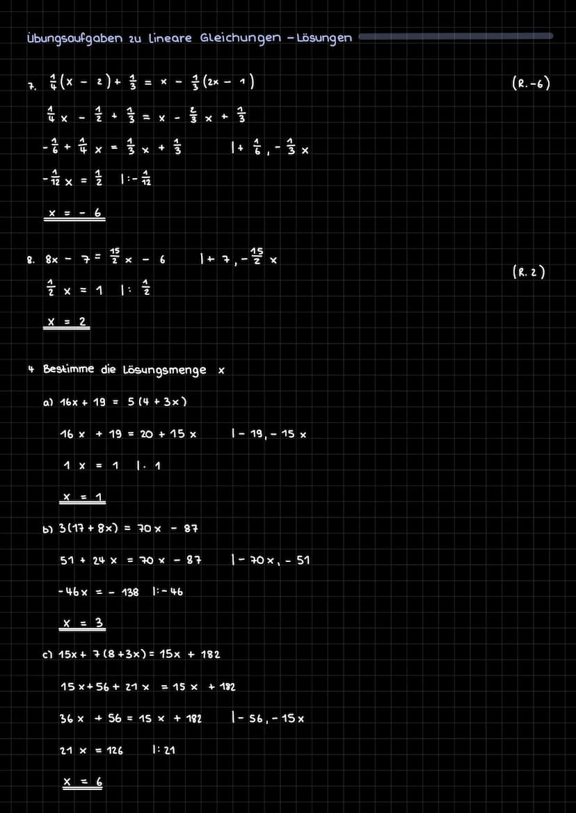 Lineare Gleichung
Lineare Gleichungen erkennt man daran, dass nur ein einfaches x vorkommt. Das x
wird Variable genannt. 2.B. 5x = 10 oder 3
