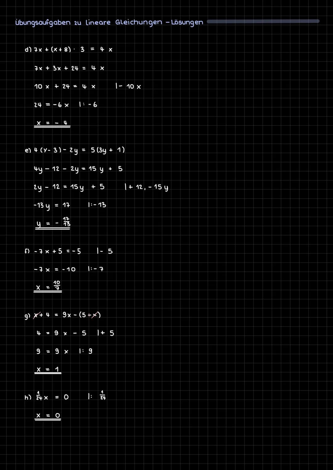 Lineare Gleichung
Lineare Gleichungen erkennt man daran, dass nur ein einfaches x vorkommt. Das x
wird Variable genannt. 2.B. 5x = 10 oder 3
