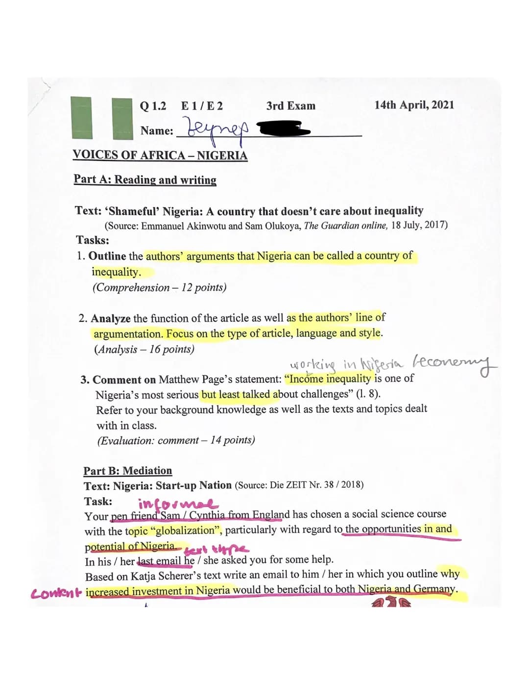 E 1/E 2
• Zeynep
VOICES OF AFRICA - NIGERIA
Part A: Reading and writing
Q1.2
Name:
3rd Exam
14th April, 2021
Text: 'Shameful' Nigeria: A cou