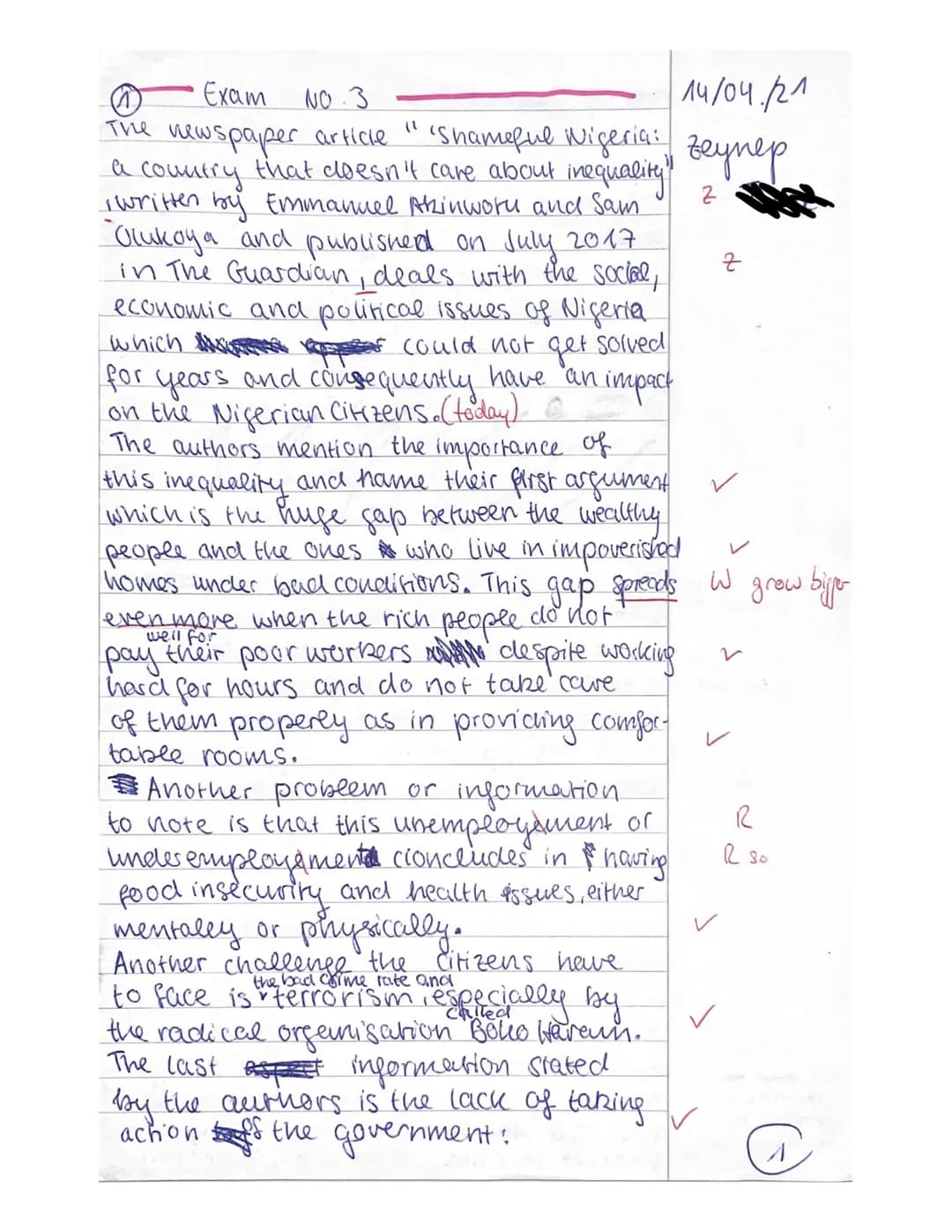E 1/E 2
• Zeynep
VOICES OF AFRICA - NIGERIA
Part A: Reading and writing
Q1.2
Name:
3rd Exam
14th April, 2021
Text: 'Shameful' Nigeria: A cou