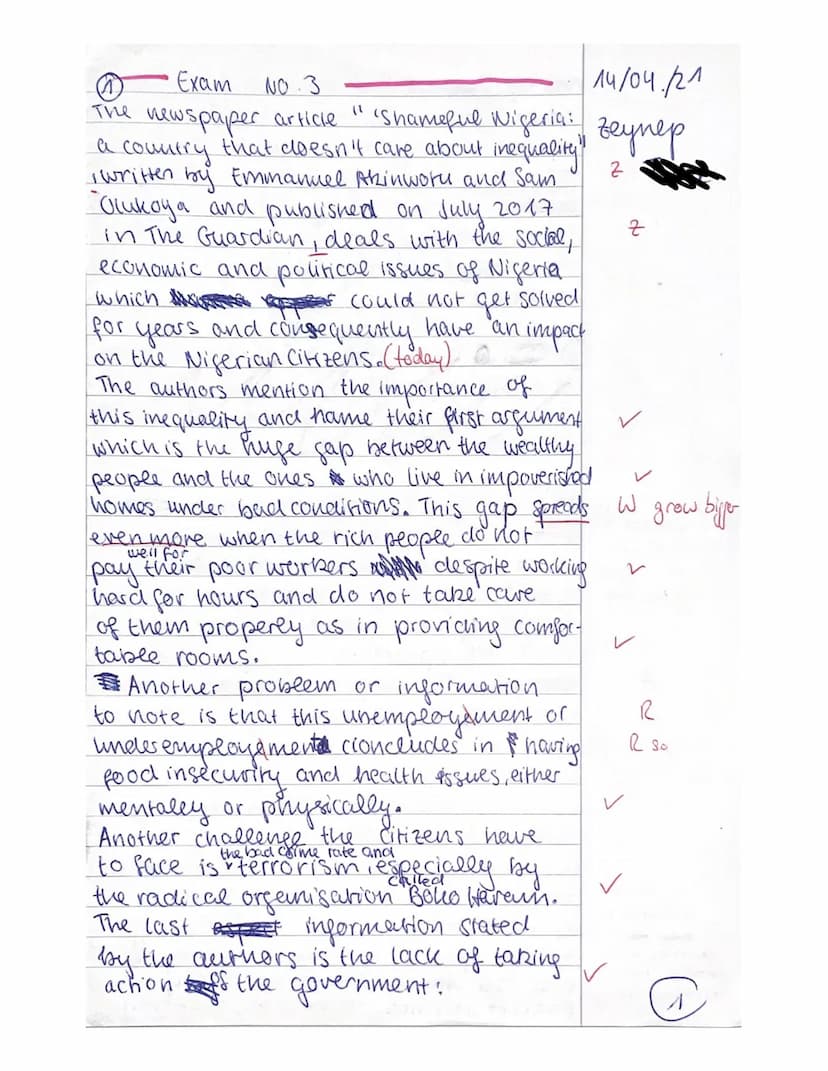 E 1/E 2
• Zeynep
VOICES OF AFRICA - NIGERIA
Part A: Reading and writing
Q1.2
Name:
3rd Exam
14th April, 2021
Text: 'Shameful' Nigeria: A cou