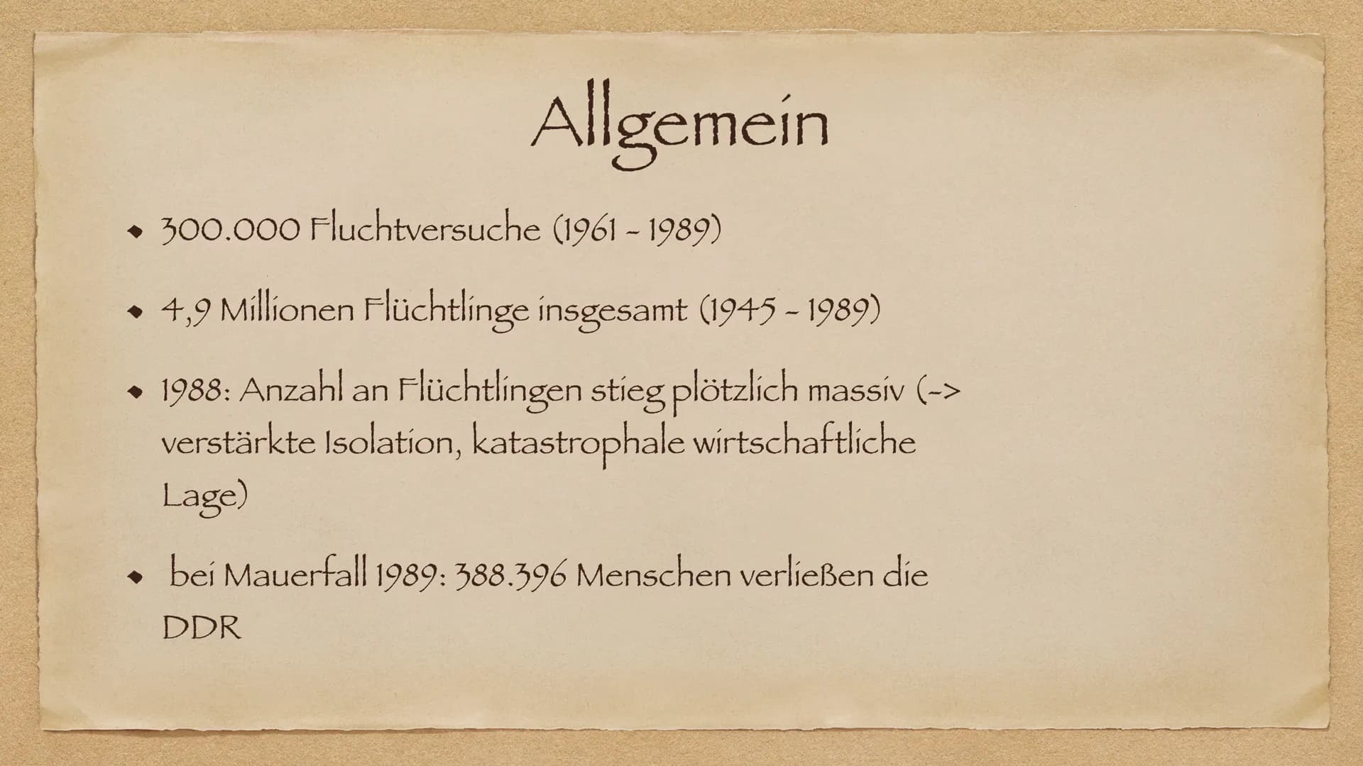 Flucht und Ausreise
In der DDR
AR Allgemein
◆ Gründe zum Flüchten
Fluchtmethoden
◆
• Mentale Folgen
Fall Peter Fechter
◆ Mauermuseum Berlin
