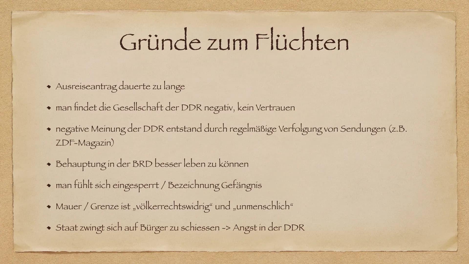 Flucht und Ausreise
In der DDR
AR Allgemein
◆ Gründe zum Flüchten
Fluchtmethoden
◆
• Mentale Folgen
Fall Peter Fechter
◆ Mauermuseum Berlin
