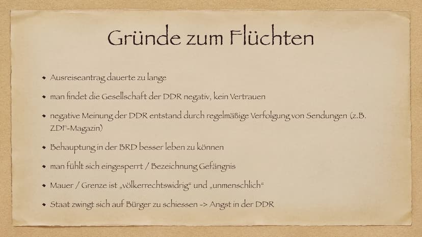 Flucht und Ausreise
In der DDR
AR Allgemein
◆ Gründe zum Flüchten
Fluchtmethoden
◆
• Mentale Folgen
Fall Peter Fechter
◆ Mauermuseum Berlin
