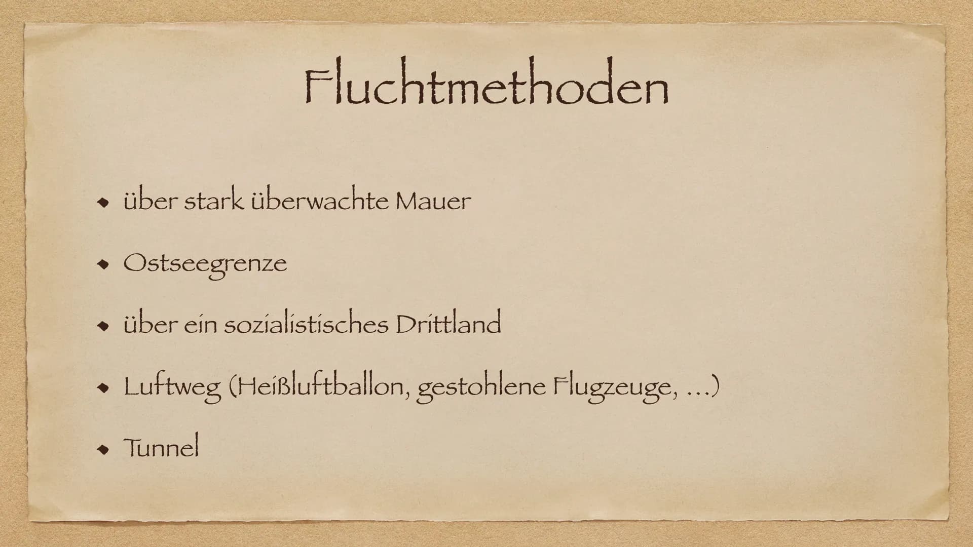 Flucht und Ausreise
In der DDR
AR Allgemein
◆ Gründe zum Flüchten
Fluchtmethoden
◆
• Mentale Folgen
Fall Peter Fechter
◆ Mauermuseum Berlin
