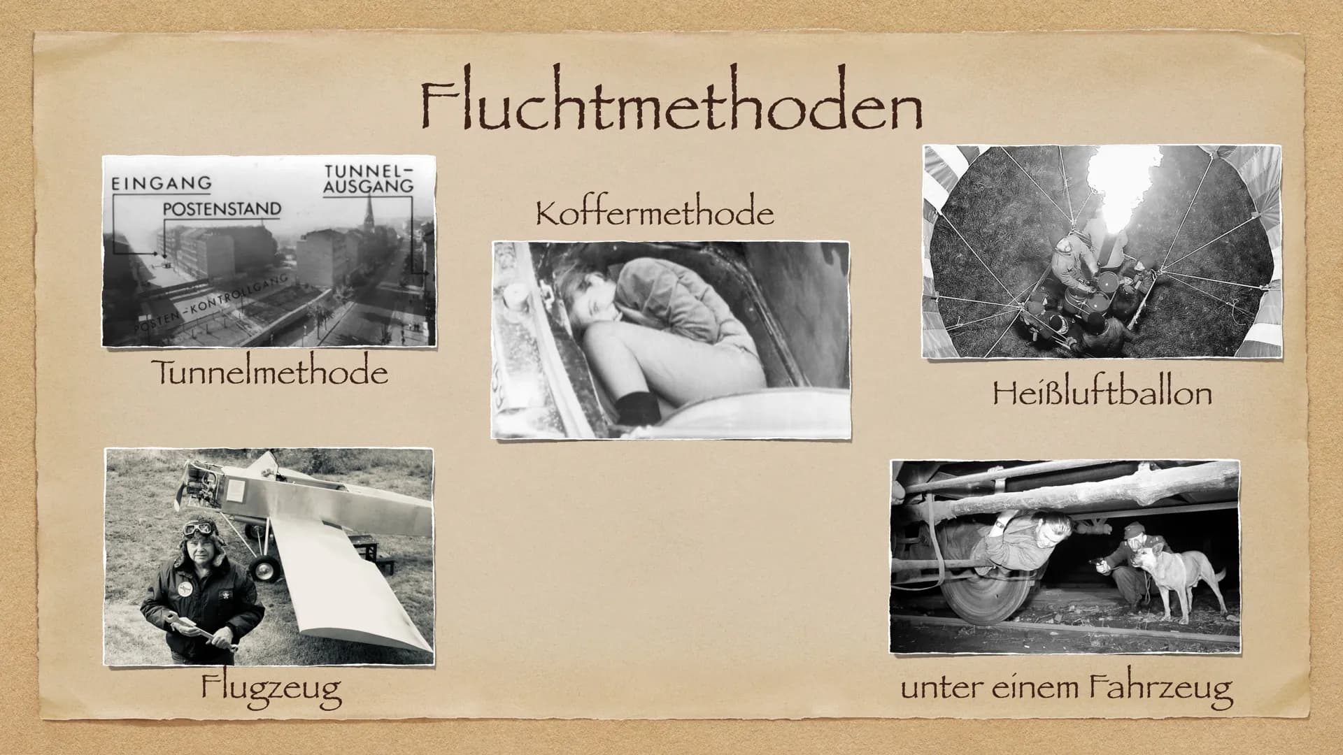 Flucht und Ausreise
In der DDR
AR Allgemein
◆ Gründe zum Flüchten
Fluchtmethoden
◆
• Mentale Folgen
Fall Peter Fechter
◆ Mauermuseum Berlin
