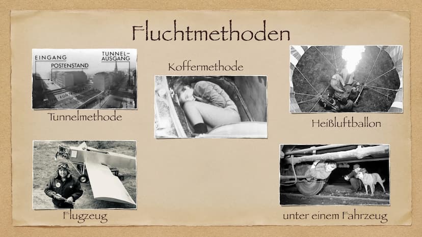 Flucht und Ausreise
In der DDR
AR Allgemein
◆ Gründe zum Flüchten
Fluchtmethoden
◆
• Mentale Folgen
Fall Peter Fechter
◆ Mauermuseum Berlin
