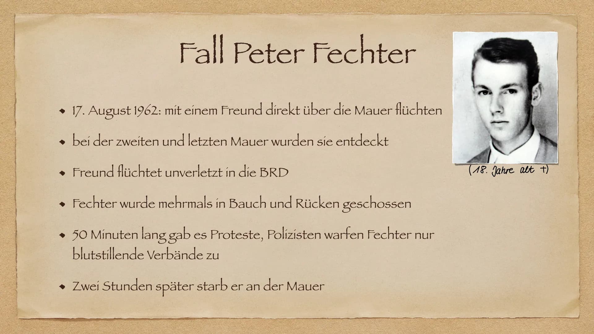Flucht und Ausreise
In der DDR
AR Allgemein
◆ Gründe zum Flüchten
Fluchtmethoden
◆
• Mentale Folgen
Fall Peter Fechter
◆ Mauermuseum Berlin
