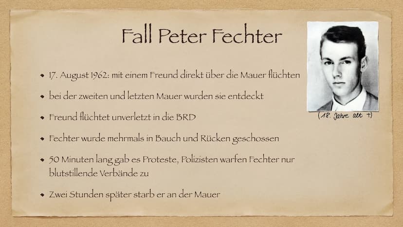 Flucht und Ausreise
In der DDR
AR Allgemein
◆ Gründe zum Flüchten
Fluchtmethoden
◆
• Mentale Folgen
Fall Peter Fechter
◆ Mauermuseum Berlin
