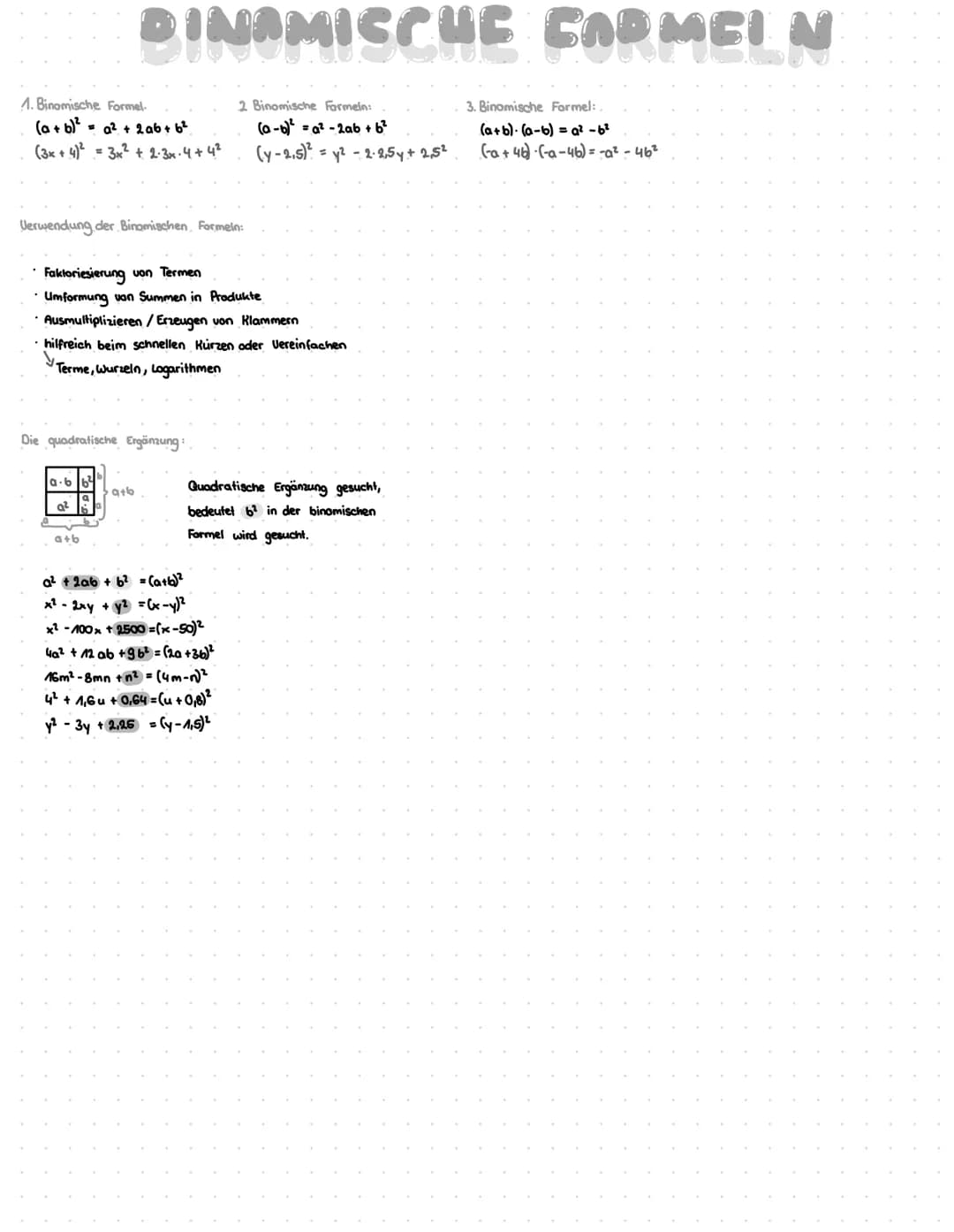1. Binomische Formel.
(a + b)²
(3x + 4)² = 3x² + 2.3x. 4 + 4²
Verwendung der Binamischen Formeln:
DINAMISCUE CARMEIN
2 Binomische Formeln:
(